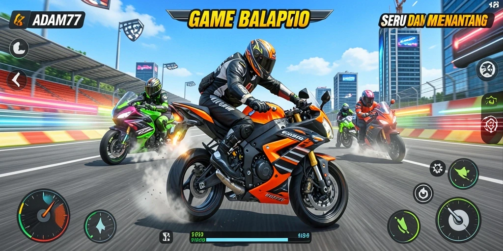 Screenshot utama ADAM77 menampilkan gameplay balap motor yang seru.