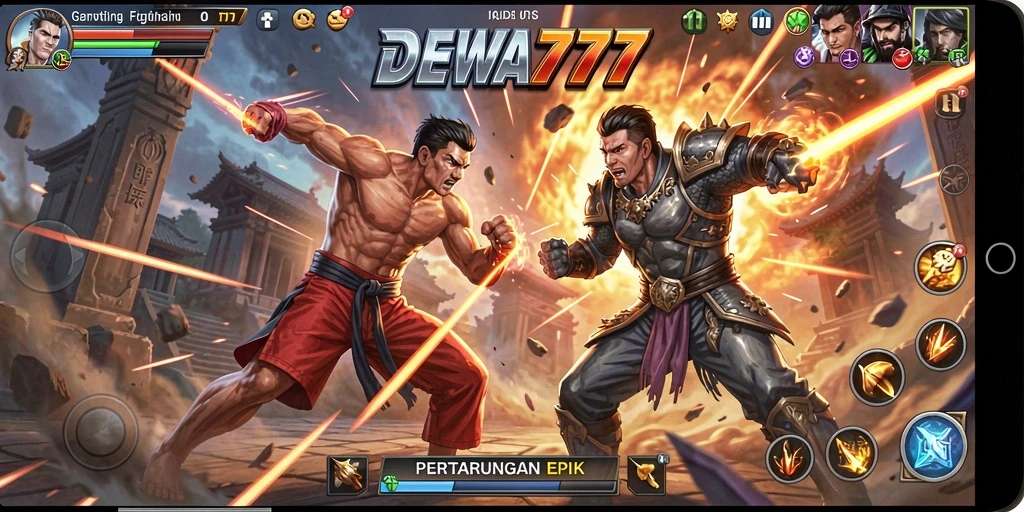 Tampilan gameplay seru di DEWA777 dengan karakter bertarung.