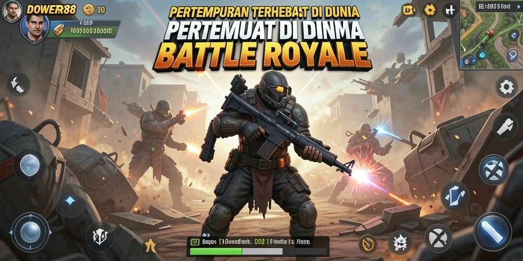 Gameplay DOWER88 dengan aksi pertempuran seru di arena Battle Royale.