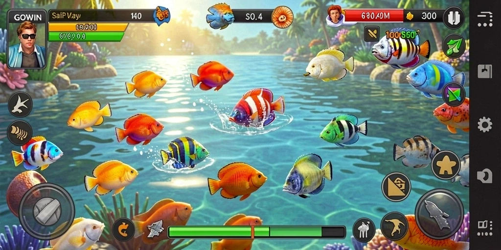 Screenshot GOWIN menampilkan aksi seru menembak ikan dalam gameplay.