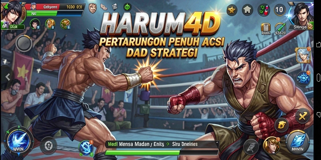 Tangkapan layar utama HARUM4D menunjukkan duel epik antara karakter dalam game Fighting.