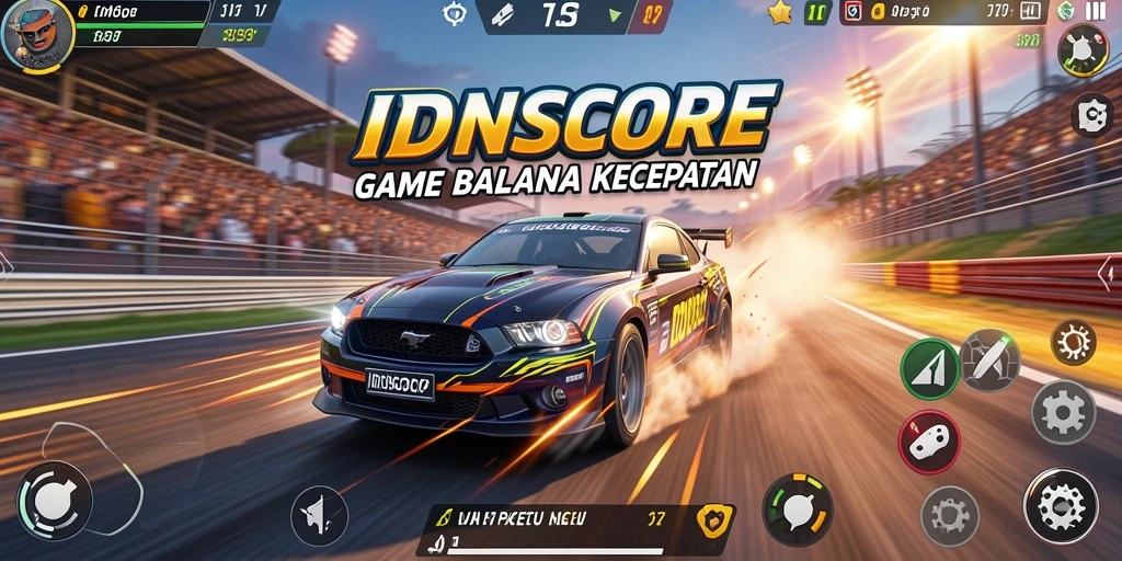 Tampilan gameplay balapan IDNSCORE dengan kendaraan yang sedang melaju kencang.