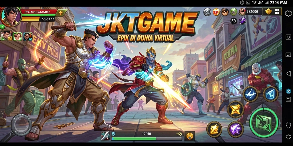 Tampilan screenshot JKTGAME menampilkan pertarungan seru antara karakter yang berbeda.