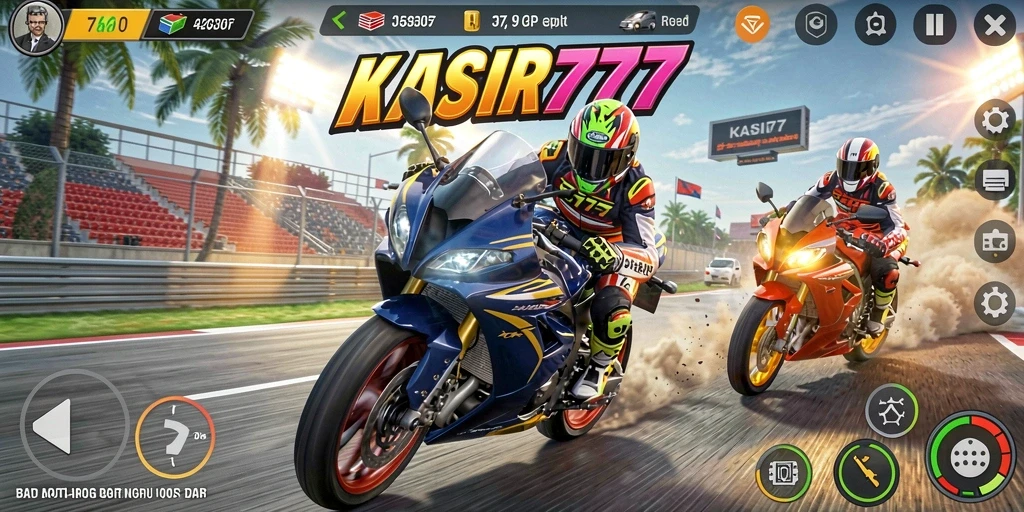 Gameplay seru KASIR777 dengan balapan motor yang mendebarkan.