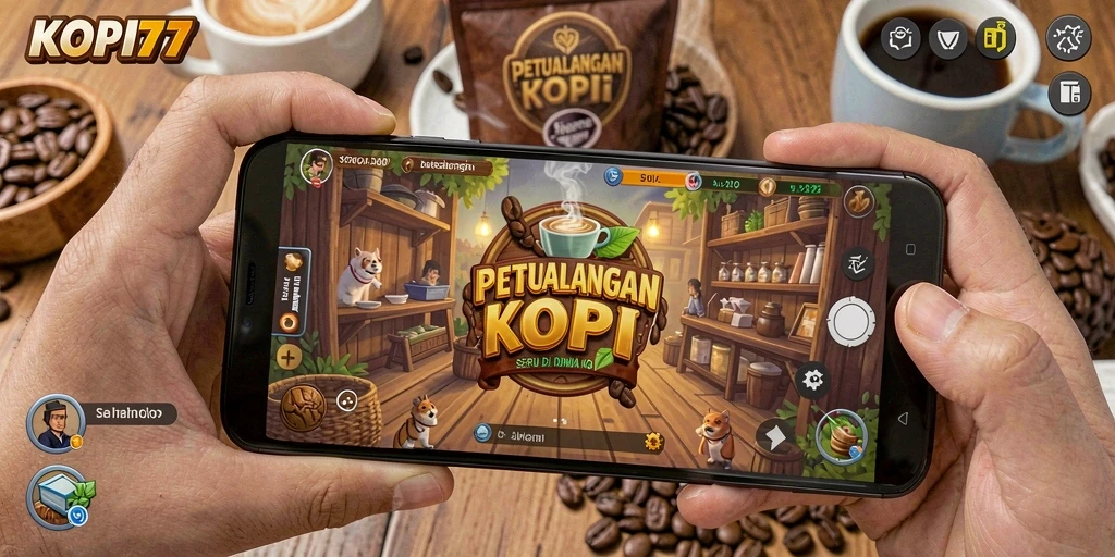 Screenshot utama KOPI77 menunjukkan gameplay petualangan di dunia kopi.