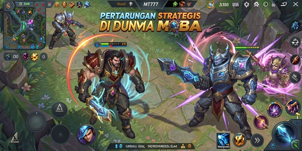 Tangkapan layar permainan MOBA yang menampilkan aksi seru dan strategi tim.
