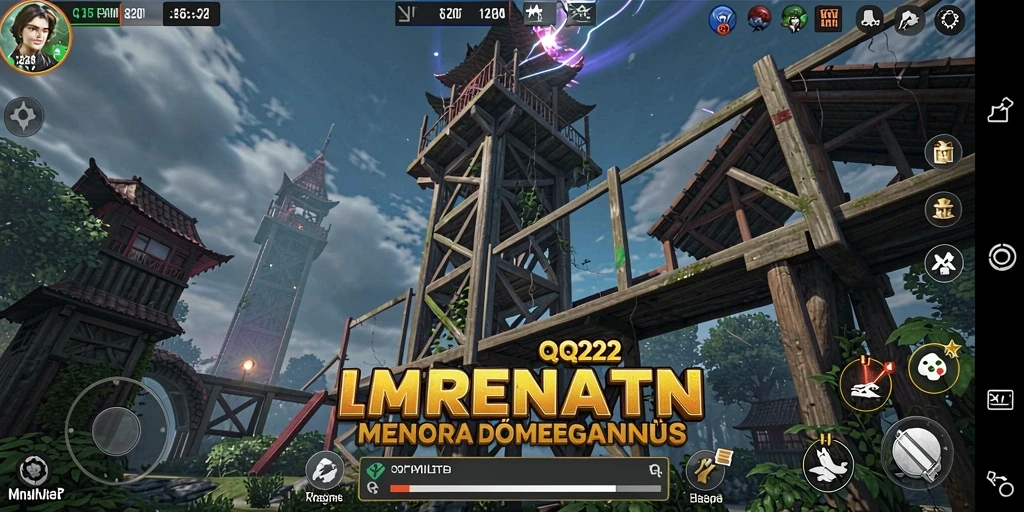 Screenshot menunjukkan strategi menara dalam QQ222 saat melawan musuh.