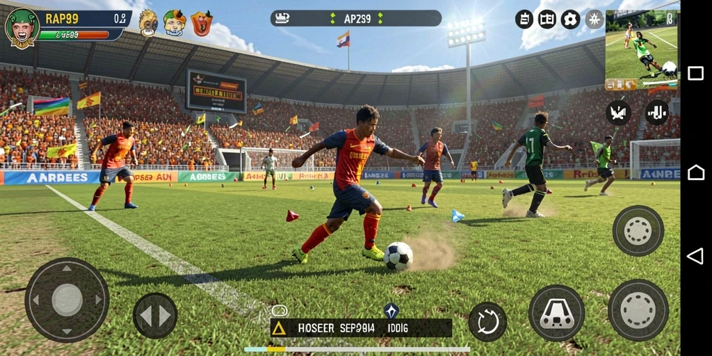 Tampilan gameplay RAP89 dengan aksi penuh di lapangan sepak bola.