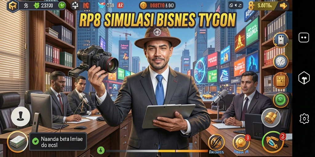 Tampilan gameplay RP8 yang menunjukkan strategi bisnis yang menarik.