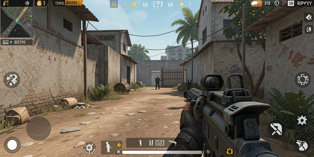 Tampilan gameplay intens dalam RPYYY yang menampilkan aksi menembak.