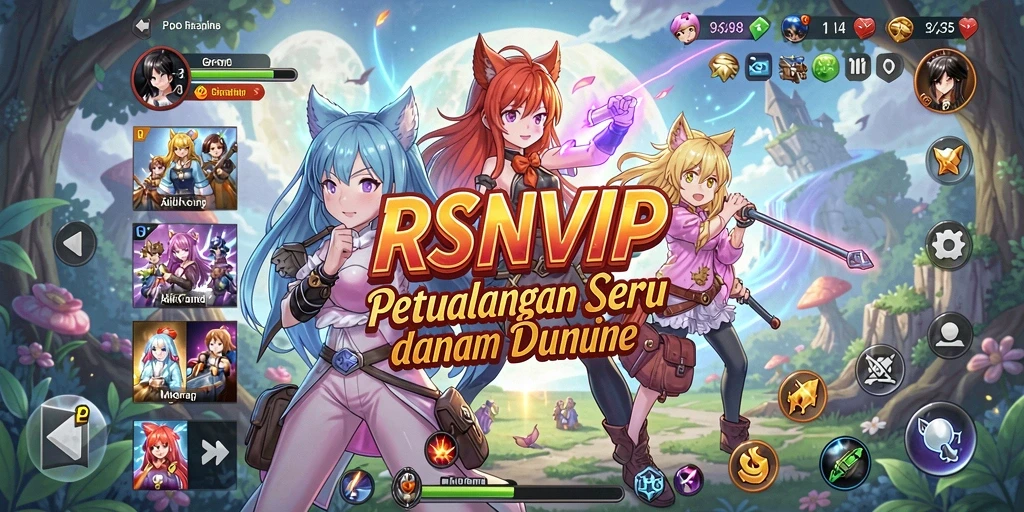 Screenshot RSNVIP menampilkan karakter anime dalam aksi di dunia yang berwarna-warni.