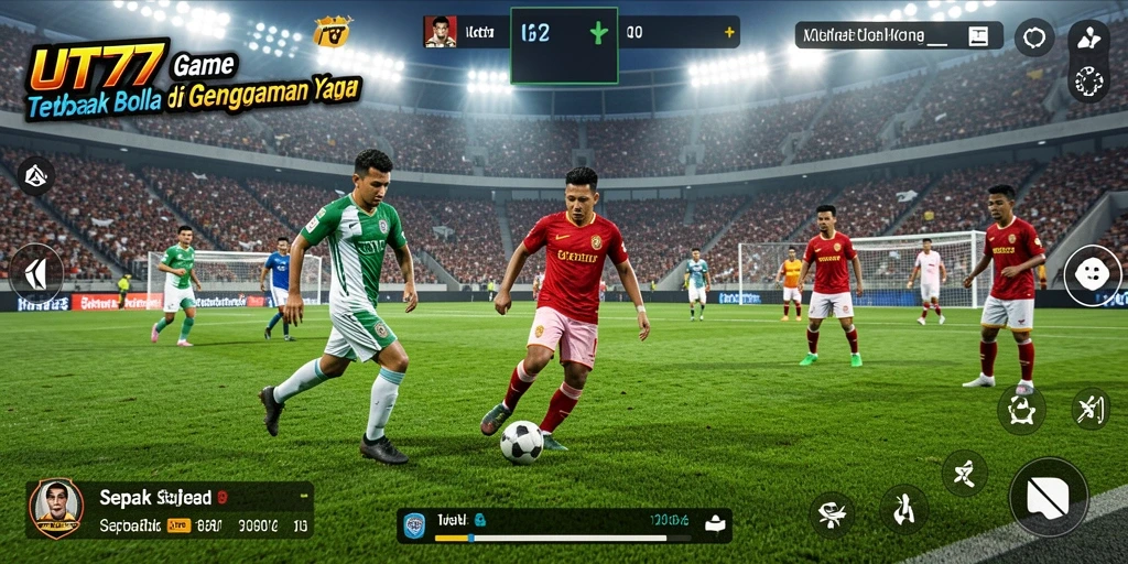 Screenshot utama UT77 menampilkan aksi seru di lapangan sepak bola.